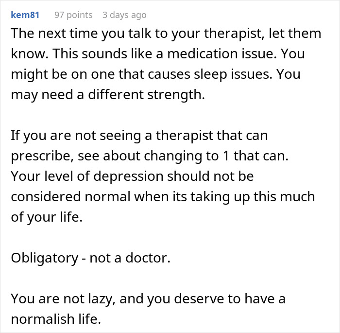 Comment text advising therapy and medication review for depression and addressing misconceptions about laziness and sleep issues.