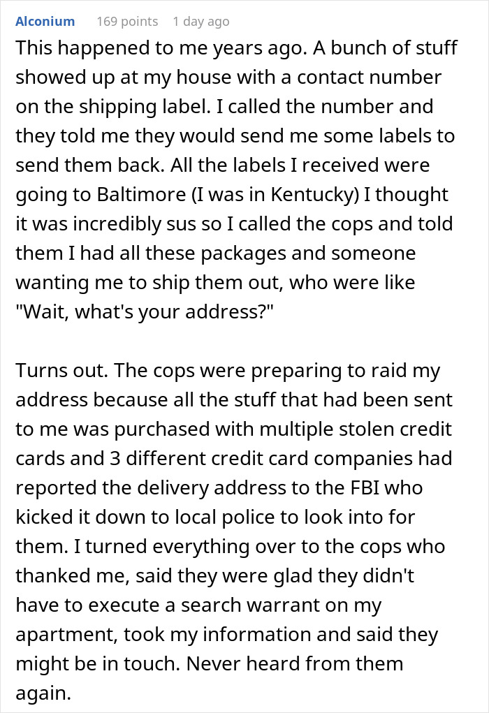 Man describes receiving packages sent to wrong address, dealing with company expecting him to return them at his own expense.