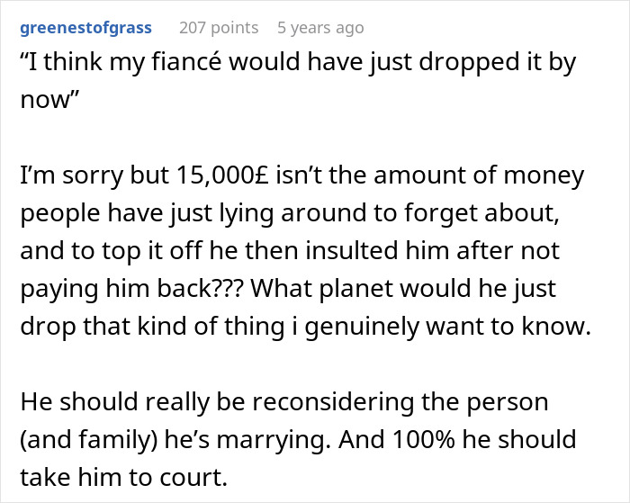 Comment discussing bride’s family wanting to call off wedding after fiancé threatens legal action against her brother. Comment discussing bride’s family wanting to call off wedding after fiancé threatens legal action against her brother.