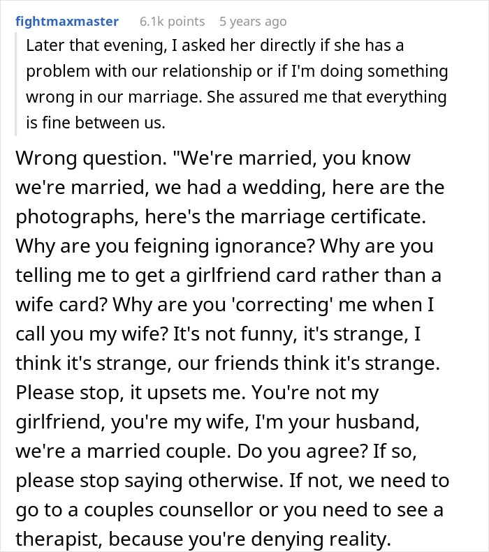 Husband bewildered as wife seemingly forgets their wedding and denies they are married, causing confusion and concern. Husband bewildered as wife seemingly forgets their wedding and denies they are married, causing confusion and concern.