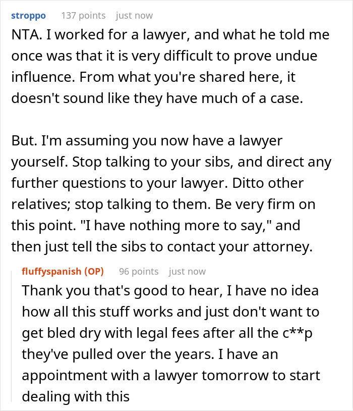 Screenshot of an online discussion about entitled siblings and undue influence on a will dispute involving a lawyer’s advice.