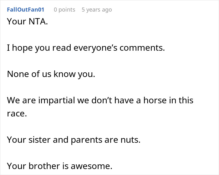 Text comment criticizing parents demanding woman give up amazing career opportunity for spoiled golden-child sister. Text comment criticizing parents demanding woman give up amazing career opportunity for spoiled golden-child sister.