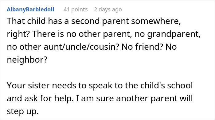 Alt text: Commenter suggests asking for help with badly behaved nephew from other family members or parents while sister is in hospital. Alt text: Commenter suggests asking for help with badly behaved nephew from other family members or parents while sister is in hospital.