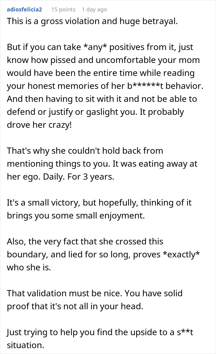 Comment discussing a woman’s betrayal and distrust after her mom spied on her therapy sessions.