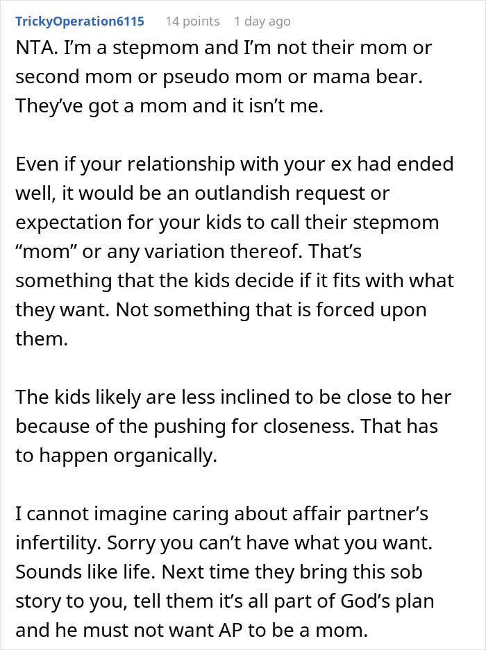 Comment discussing a cheating husband upset over his mistress's infertility and the ex-wife's lack of concern. Comment discussing a cheating husband upset over his mistress's infertility and the ex-wife's lack of concern.
