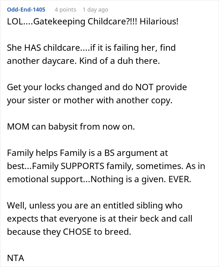 Alt text: Online discussion about mom expecting sister as free babysitter and getting a reality check with a costly bill. Alt text: Online discussion about mom expecting sister as free babysitter and getting a reality check with a costly bill.