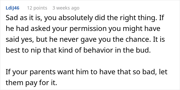 Comment discussing brother using sister&rsquo;s credit card without permission and consequences of freezing the card.