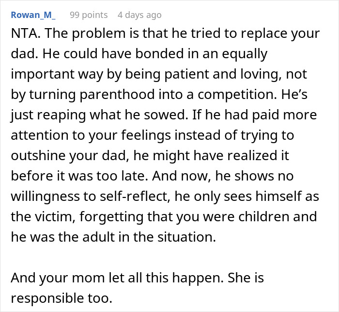 Comment discussing a stepdad trying to replace the kids’ bio dad and the emotional impact of his actions. Comment discussing a stepdad trying to replace the kids’ bio dad and the emotional impact of his actions.