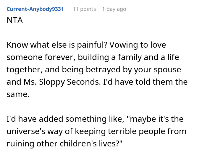 Screenshot of a Reddit comment discussing pain caused by a cheating husband and betrayal in a family context. Screenshot of a Reddit comment discussing pain caused by a cheating husband and betrayal in a family context.