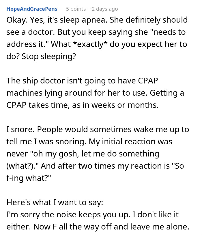 Woman struggling to sleep due to roommate’s loud snoring while trying to stay awake in return.