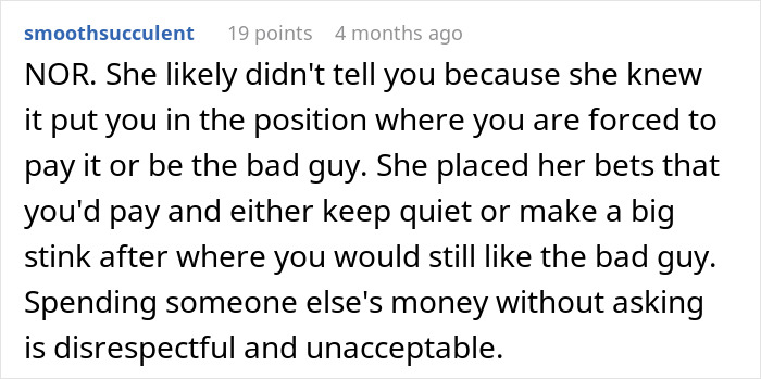 Comment on Reddit discussing a rich man refusing to pay for a cake his sister-in-law ordered without telling him. Comment on Reddit discussing a rich man refusing to pay for a cake his sister-in-law ordered without telling him.