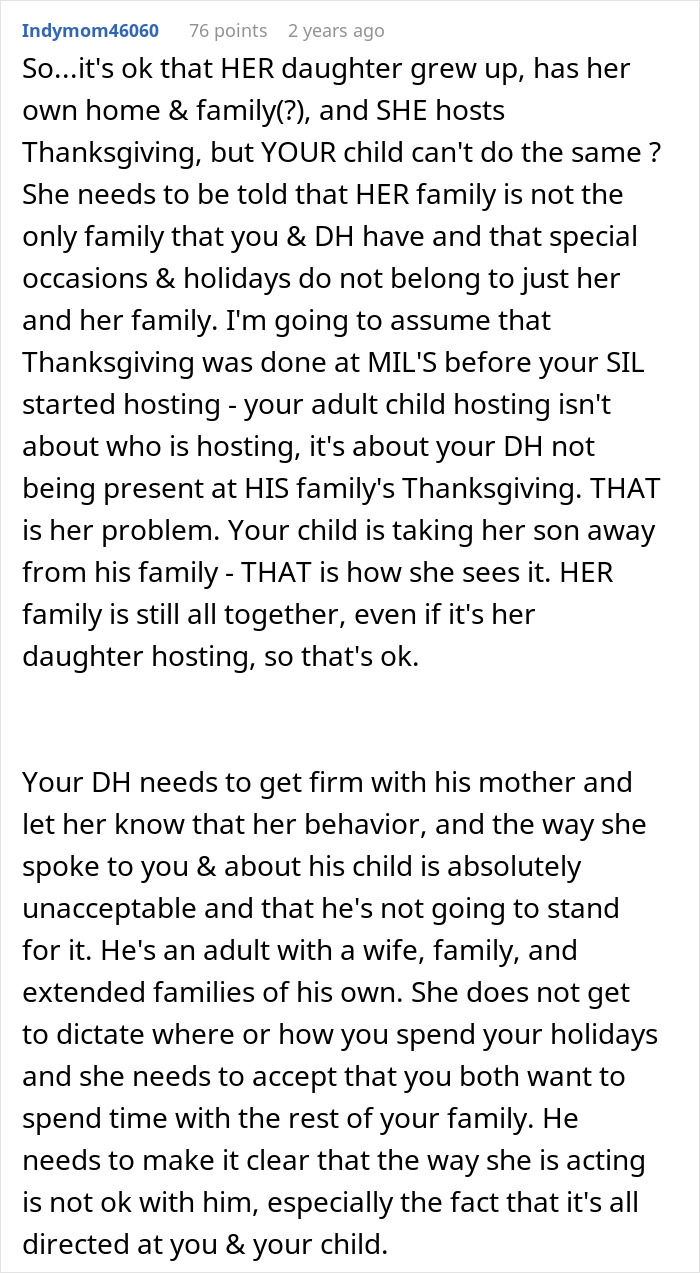 Comment discussing a woman wanting to celebrate Thanksgiving with her kid while her MIL strongly objects and causes conflict. Comment discussing a woman wanting to celebrate Thanksgiving with her kid while her MIL strongly objects and causes conflict.