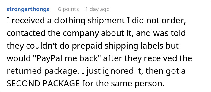 User comment about receiving wrong packages from a company that expects return shipping at his own expense.