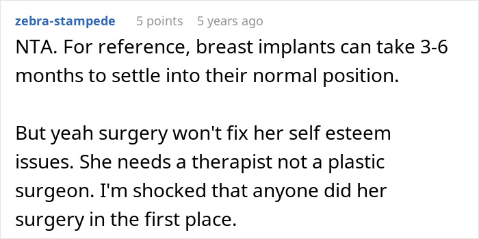 Comment discussing how plastic surgery won’t fix self-esteem issues and suggesting therapy over surgery for women’s concerns. Comment discussing how plastic surgery won’t fix self-esteem issues and suggesting therapy over surgery for women’s concerns.