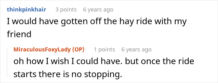 Screenshot of a forum discussion about parents on a haunted hayride abandoning their scared kids to strangers. Screenshot of a forum discussion about parents on a haunted hayride abandoning their scared kids to strangers.