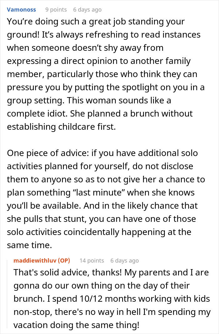 Screenshot of a Reddit conversation about family trying to dump kids on a childfree cousin during vacation. Screenshot of a Reddit conversation about family trying to dump kids on a childfree cousin during vacation.