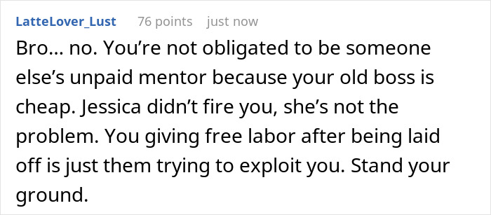 Screenshot of an online comment discussing employee refusal to train replacement without pay after being laid off. Screenshot of an online comment discussing employee refusal to train replacement without pay after being laid off.