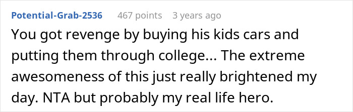 Screenshot of an online comment praising a woman accused of flexing wealth after giving stepsiblings cars and cash. Screenshot of an online comment praising a woman accused of flexing wealth after giving stepsiblings cars and cash.