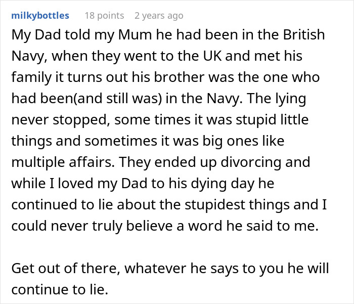 Comment discussing a man lying repeatedly, including about a master’s degree, leading to divorce after wife uncovers truth. Comment discussing a man lying repeatedly, including about a master’s degree, leading to divorce after wife uncovers truth.