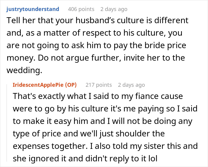 Discussion about sister wedding money and respecting different cultural traditions in wedding expenses and payments.