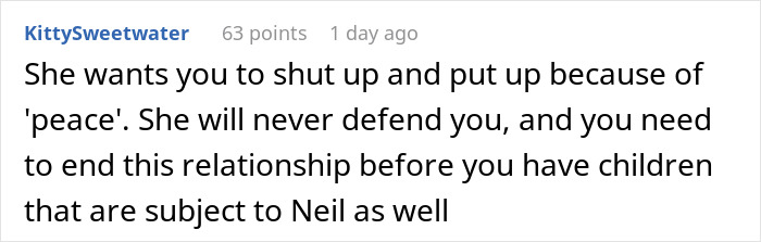 Commenter KittySweetwater giving relationship advice about ending a problematic relationship involving peace and future children.