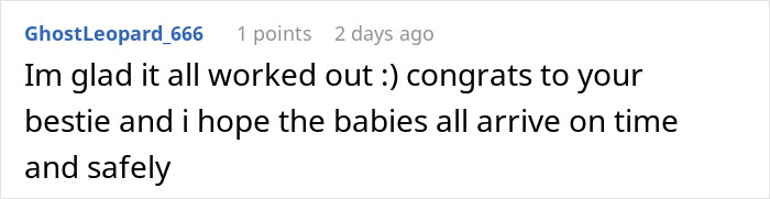 Screenshot of a comment expressing congratulations and well wishes for babies to arrive safely amid cousin's family stealing spotlight drama. Screenshot of a comment expressing congratulations and well wishes for babies to arrive safely amid cousin's family stealing spotlight drama.