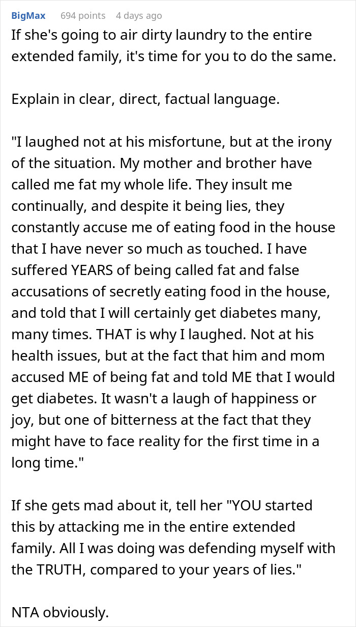 Commenter’s perspective on sibling mockery over weight and diabetes, highlighting irony and family conflict.
