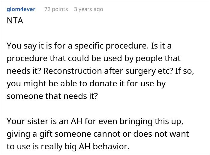 Comment discussing refusal to use a plastic surgery gift card and its potential donation for those in need. Comment discussing refusal to use a plastic surgery gift card and its potential donation for those in need.