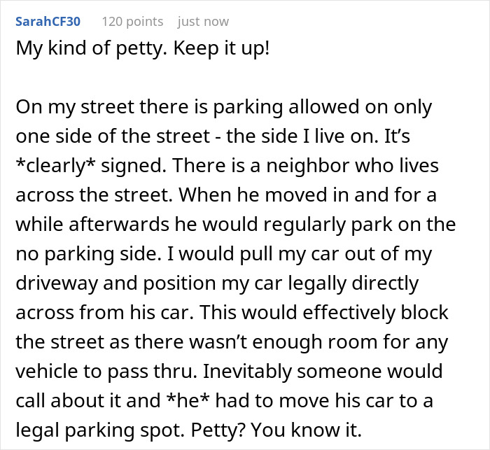 Comment about male Karen refusing to park properly and neighbor taking revenge by blocking the street with his car. Comment about male Karen refusing to park properly and neighbor taking revenge by blocking the street with his car.