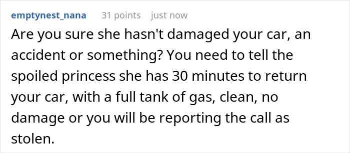 Comment warning about a lady borrowing a car for one hour and keeping it for days without returning.