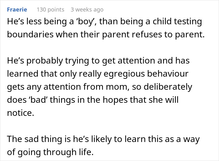Comment discussing a mom refusing to discipline her son for bullying, blaming his behavior on his gender. Comment discussing a mom refusing to discipline her son for bullying, blaming his behavior on his gender.