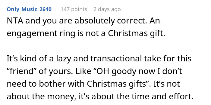 Comment discussing why a proposal or engagement ring should not count as a Christmas gift, explaining effort matters more. Comment discussing why a proposal or engagement ring should not count as a Christmas gift, explaining effort matters more.