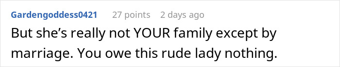 Screenshot of an online comment discussing a woman refusing to let her homeless sister-in-law move in. Screenshot of an online comment discussing a woman refusing to let her homeless sister-in-law move in.