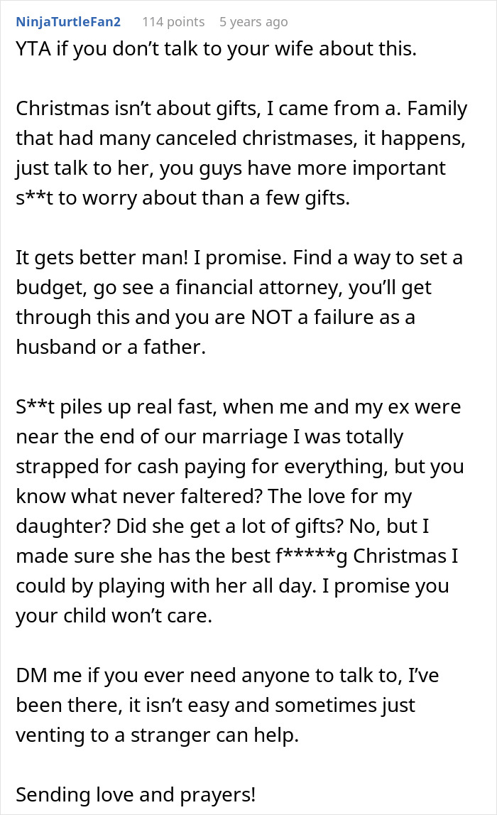 Commenter advises father worried about canceling Christmas due to finances, emphasizing love over gifts and support.