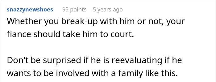 Comment about fiancé threatening to take bride’s brother to court causing bride’s family to want to call off wedding. Comment about fiancé threatening to take bride’s brother to court causing bride’s family to want to call off wedding.