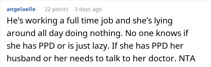 Comment on Reddit discussing stay-at-home mom misconceptions and whether she is lazy or has postpartum depression.