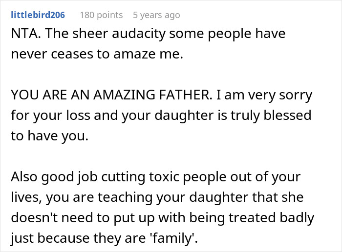 Comment praising grieving dad for making daughter's birthday special despite SIL mocking him for not spending enough money