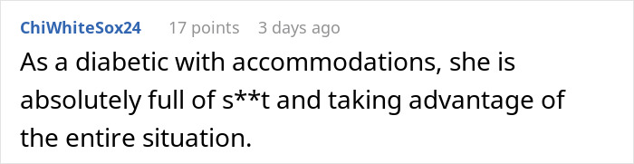 Comment from ChiWhiteSox24 expressing frustration about a woman eating what she shouldn’t and affecting a coworker.