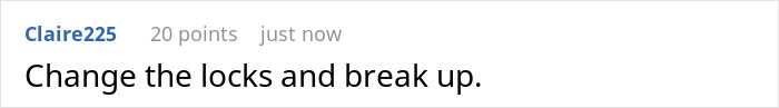 Comment text on a white background saying change the locks and break up related to a guy secretly giving a key.