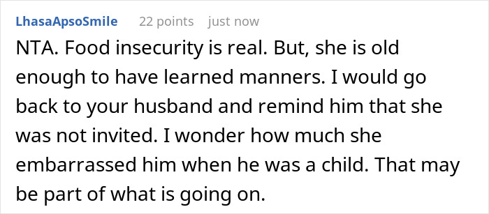 Comment discussing food insecurity and poor manners of a mother-in-law hogging Thanksgiving food and causing family conflict.