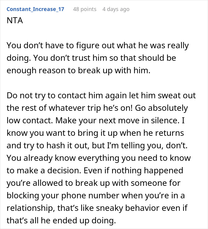 Alt text: Man’s suspicious work trip causing girlfriend to rethink their entire relationship due to trust and blocking issues. Alt text: Man’s suspicious work trip causing girlfriend to rethink their entire relationship due to trust and blocking issues.