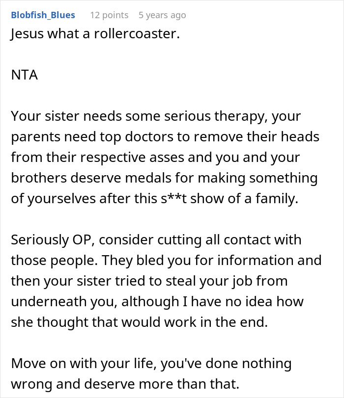 Comment discussing family conflict where parents demand woman give up career to spoiled golden-child sister. Comment discussing family conflict where parents demand woman give up career to spoiled golden-child sister.