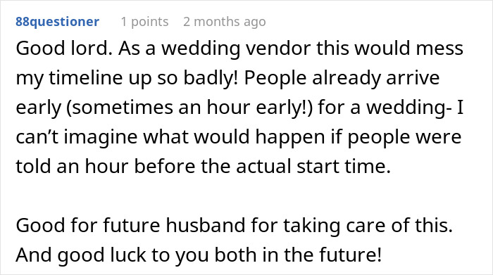 Comment about bride shocked after MIL sends secret wedding invites affecting wedding timeline and guest arrival.