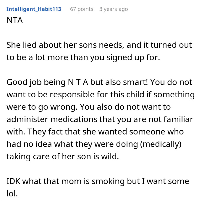 Screenshot of a forum comment discussing a teen sitter’s experience with a nonverbal, bedridden boy in child care. Screenshot of a forum comment discussing a teen sitter’s experience with a nonverbal, bedridden boy in child care.