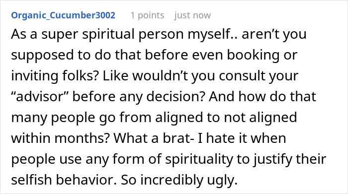 Comment criticizing a spiritual bride’s decision causing chaos, discussing spirituality and alignment before weddings.
