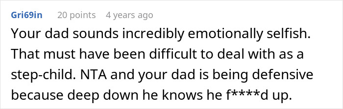 Comment highlighting a selfish dad’s emotional selfishness and defensiveness after ruining a Christmas memory with his daughter.