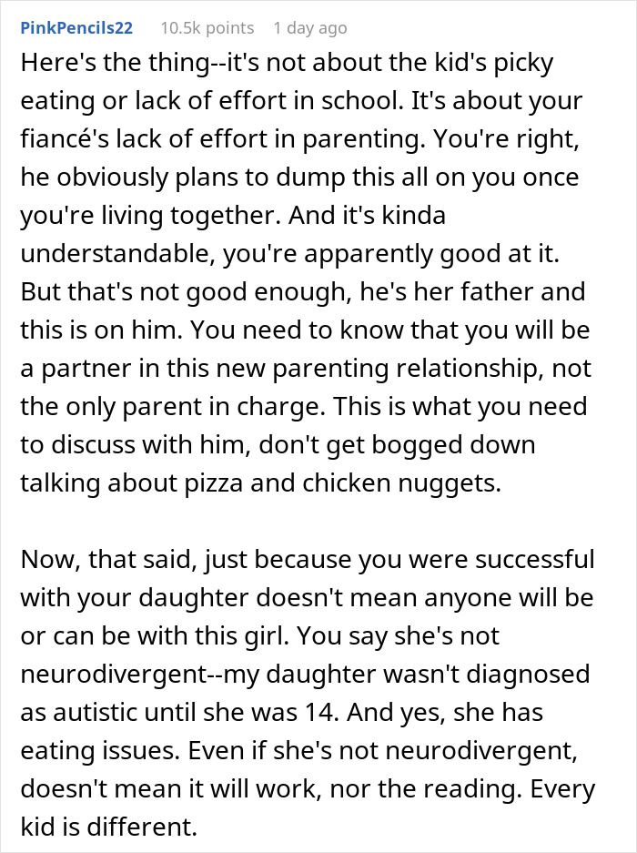 Text discussing a foodie woman breaking up with fiancé over parenting and a future of buttered noodles. Text discussing a foodie woman breaking up with fiancé over parenting and a future of buttered noodles.