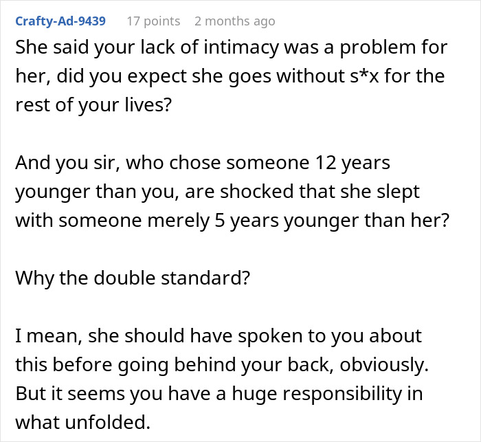 Comment discussing husband's refusal of intimacy and wife's choice to find someone younger after 5 years of no intimacy.