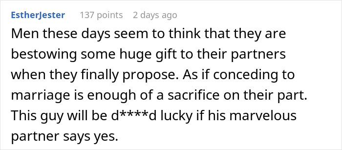 Comment criticizing a man who thinks his marriage proposal counts as a Christmas gift, receiving a reality check. Comment criticizing a man who thinks his marriage proposal counts as a Christmas gift, receiving a reality check.
