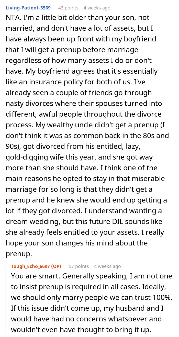 Online discussion about future daughter-in-law demanding an $80,000 wedding and wealthy in-laws requesting a prenup. Online discussion about future daughter-in-law demanding an $80,000 wedding and wealthy in-laws requesting a prenup.
